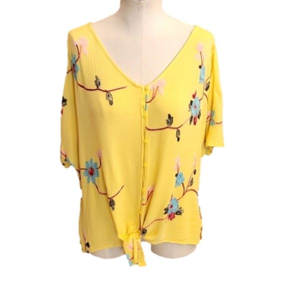 WOMENS LIV Los Angeles yellow floral boho embroidered tie button up top size M. - Picture 1 of 16